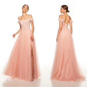 Alyce Paris 61328 Feather Off Shoulder High Slit Gown Size 4 French Pink(Peach)